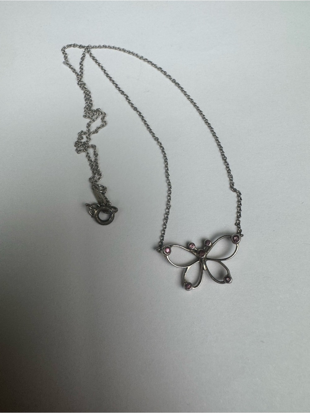 925 silver butterfly necklace with pink stone accents